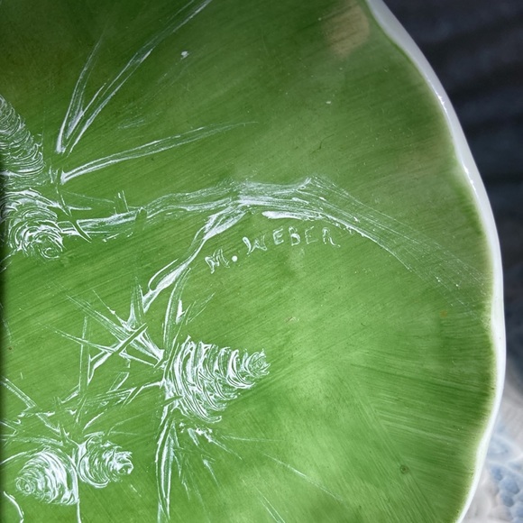 Artisan porcelain plate w/china painted pine cone scene. $11 - Picture 2 of 3